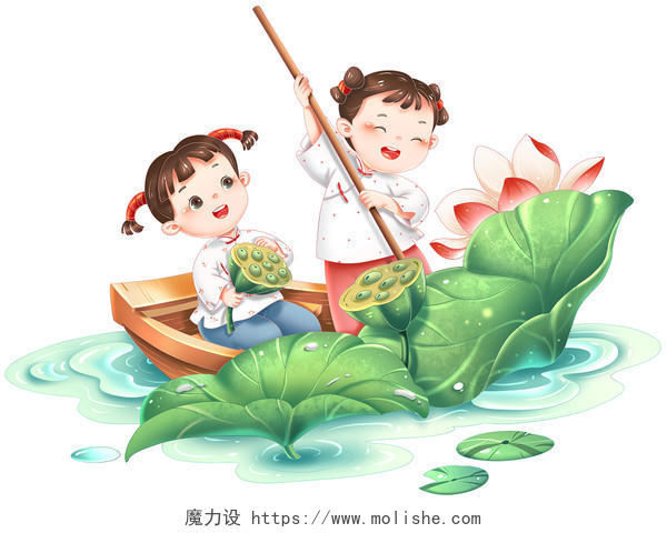 卡通手绘夏天儿童采莲蓬莲花荷花池划船泛舟场景插画元素